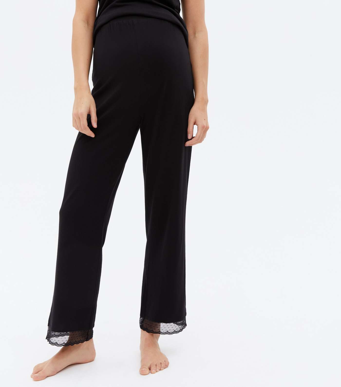 Maternity Black Cami Trouser Pyjama Set with Spot Lace Trim Image 3