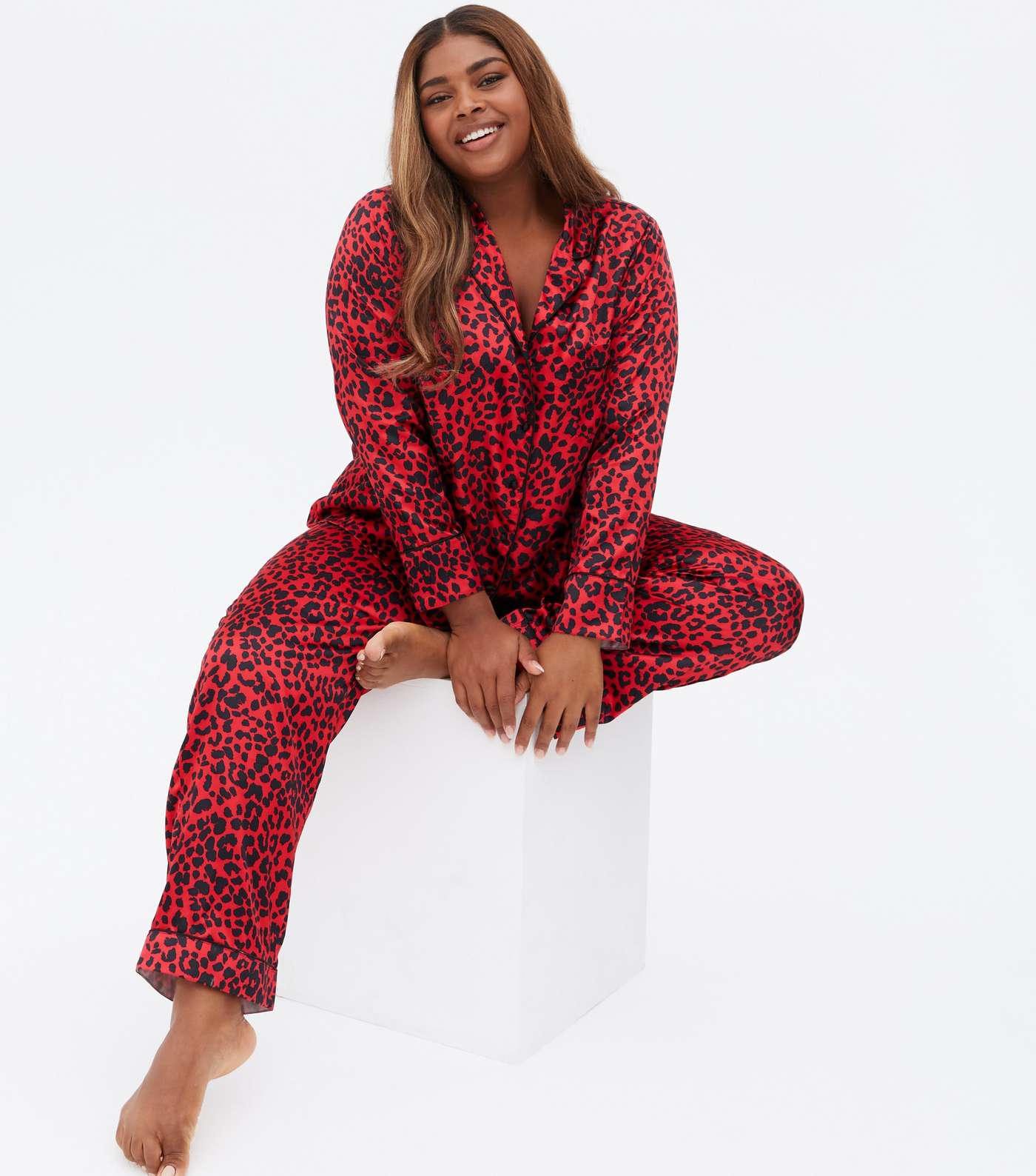 Curves Red Satin Trouser Pyjama Set with Leopard Print