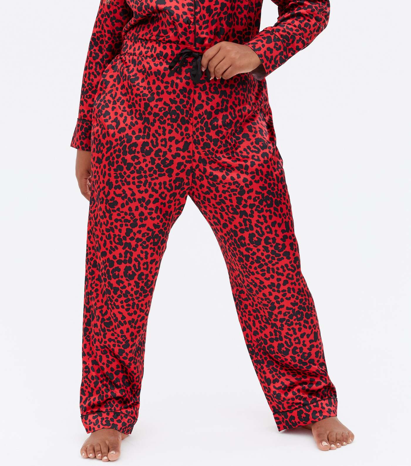 Curves Red Satin Trouser Pyjama Set with Leopard Print Image 3