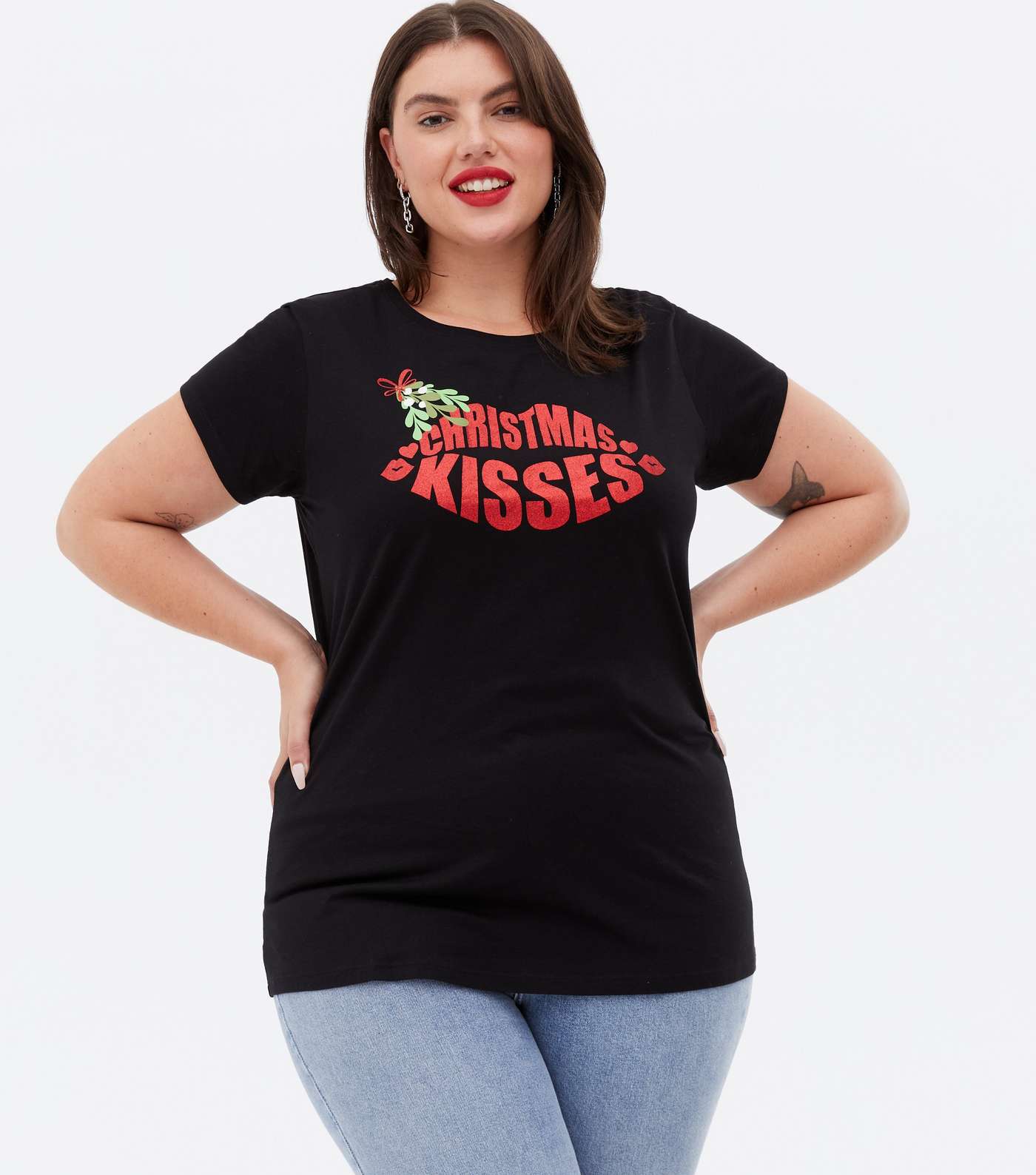 Curves Black Christmas Kisses Glitter Logo T-Shirt