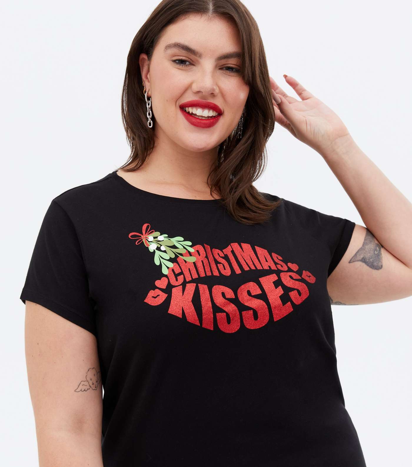 Curves Black Christmas Kisses Glitter Logo T-Shirt Image 3