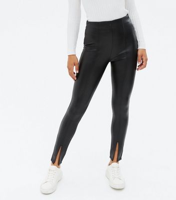 Black Leather-Look Split Hem Leggings 