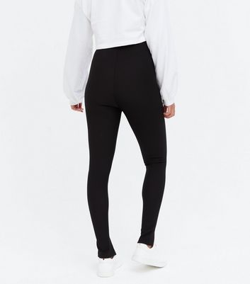 Black Ribbed Split Front Leggings | New 
