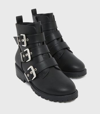 shop for Wide Fit Black Leather-Look Buckle Biker Boots New Look Vegan at Shopo