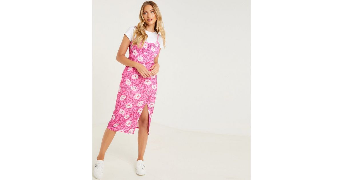 QUIZ Pink Floral Ruched 2 in 1 Midi Dress New Look