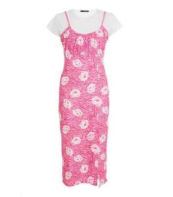 Damen Bekleidung QUIZ Pink Floral Ruched 2 in 1 Midi Dress
