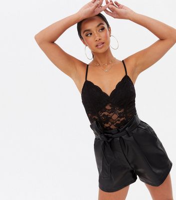 Petite Black Lace Strappy Bodysuit New Look