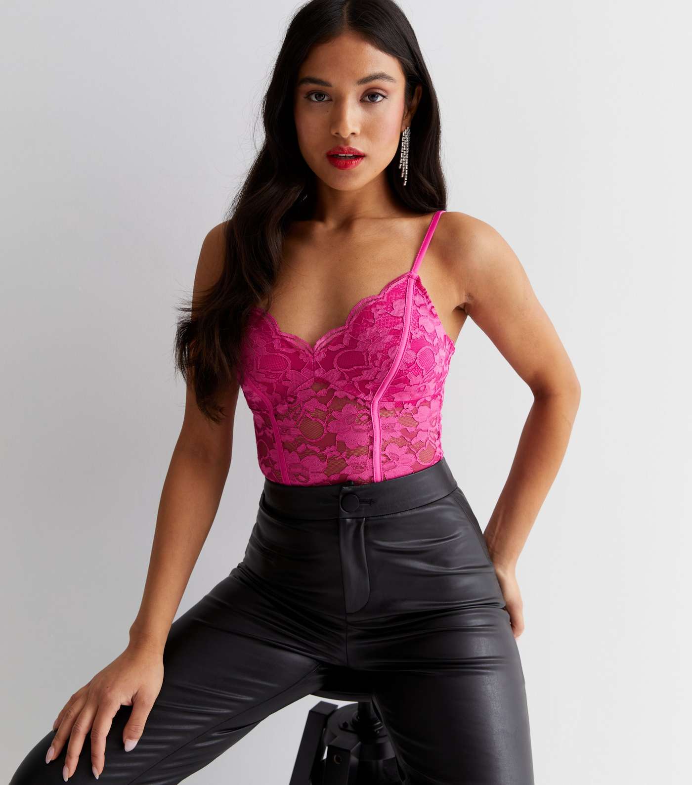 Petite Bright Pink Lace Strappy Bodysuit