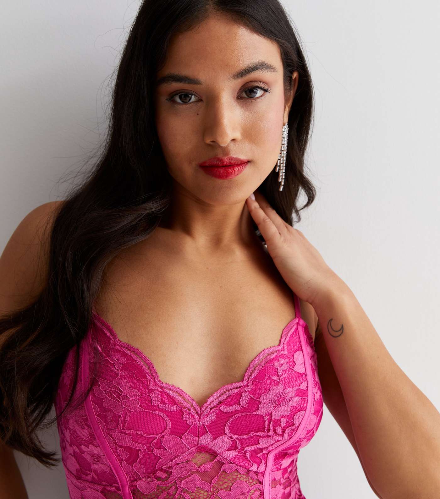 Petite Bright Pink Lace Strappy Bodysuit Image 3