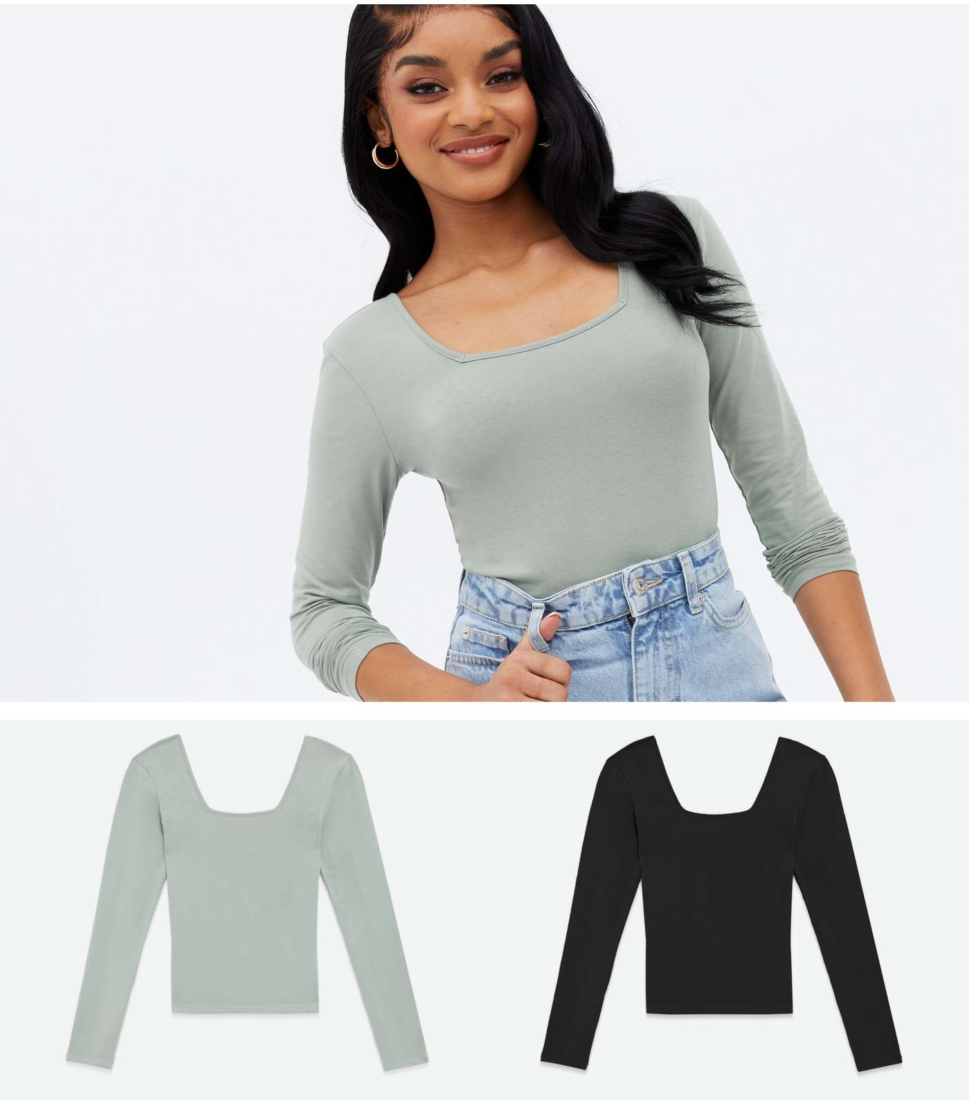 Petite 2 Pack Light Green and Black Square Neck Tops