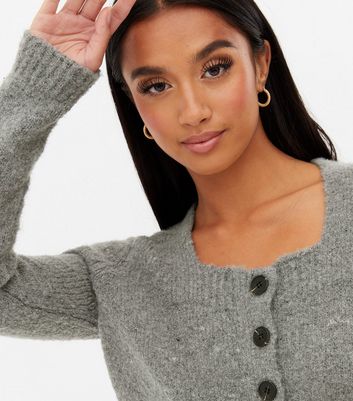 Petite Grey Knit Square Neck Button 