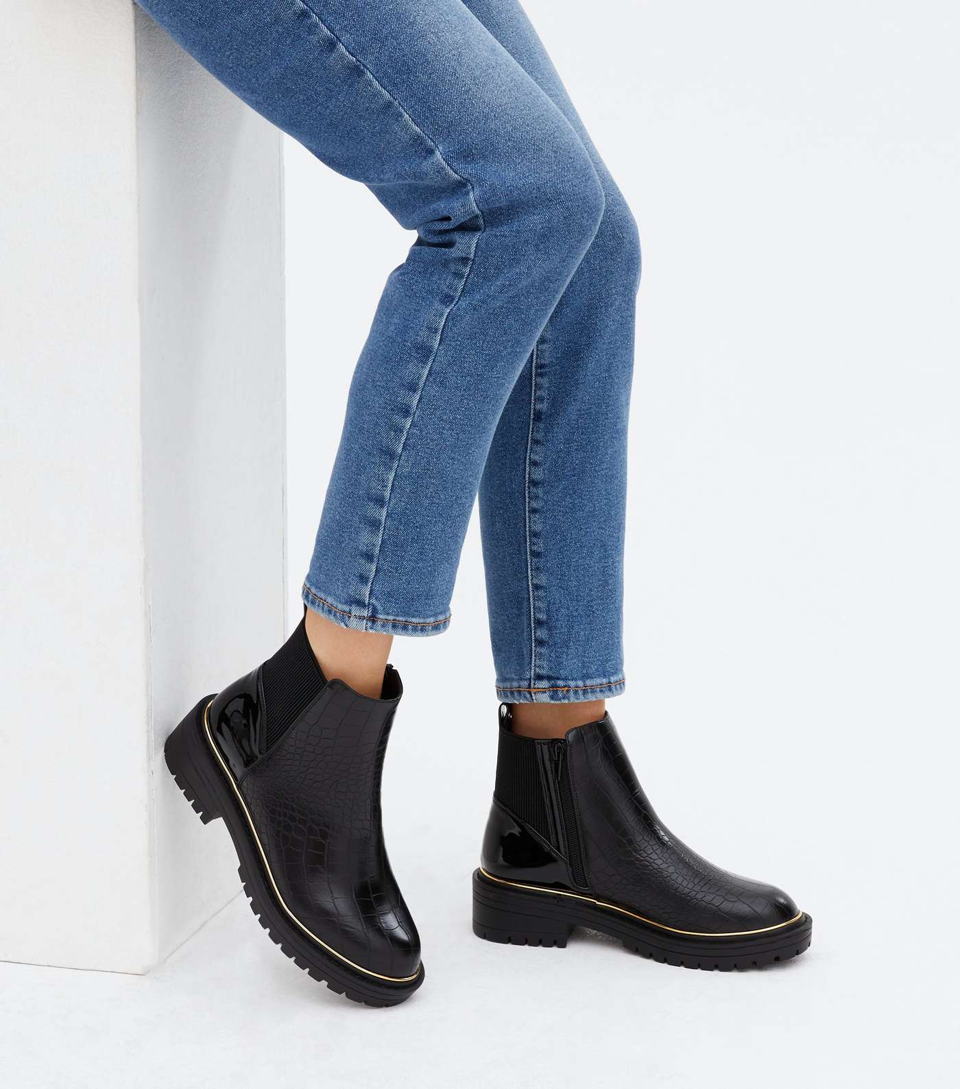 Black Faux Croc Chunky Cleated Chelsea Boots Image 2