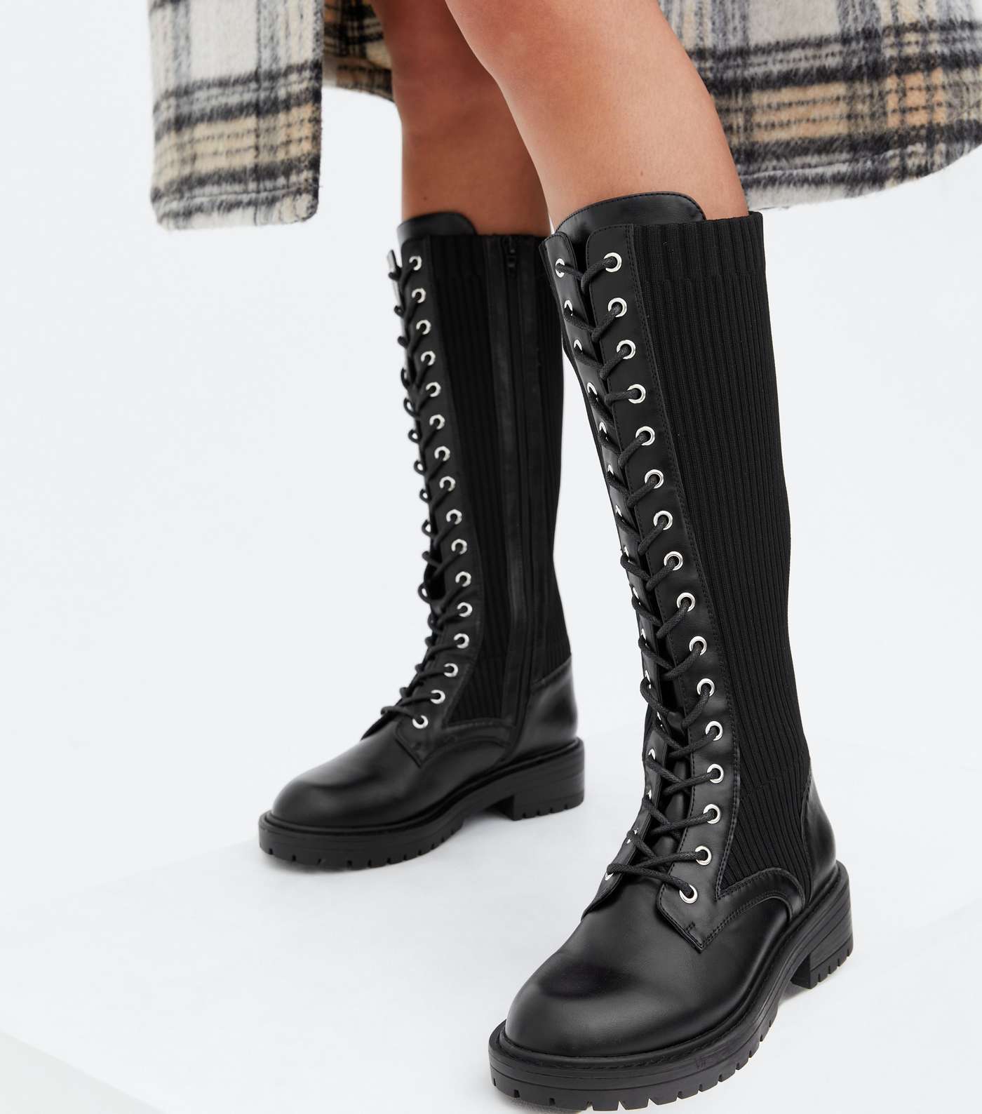 Wide Fit Black Knit Lace Up Knee High Boots Image 2