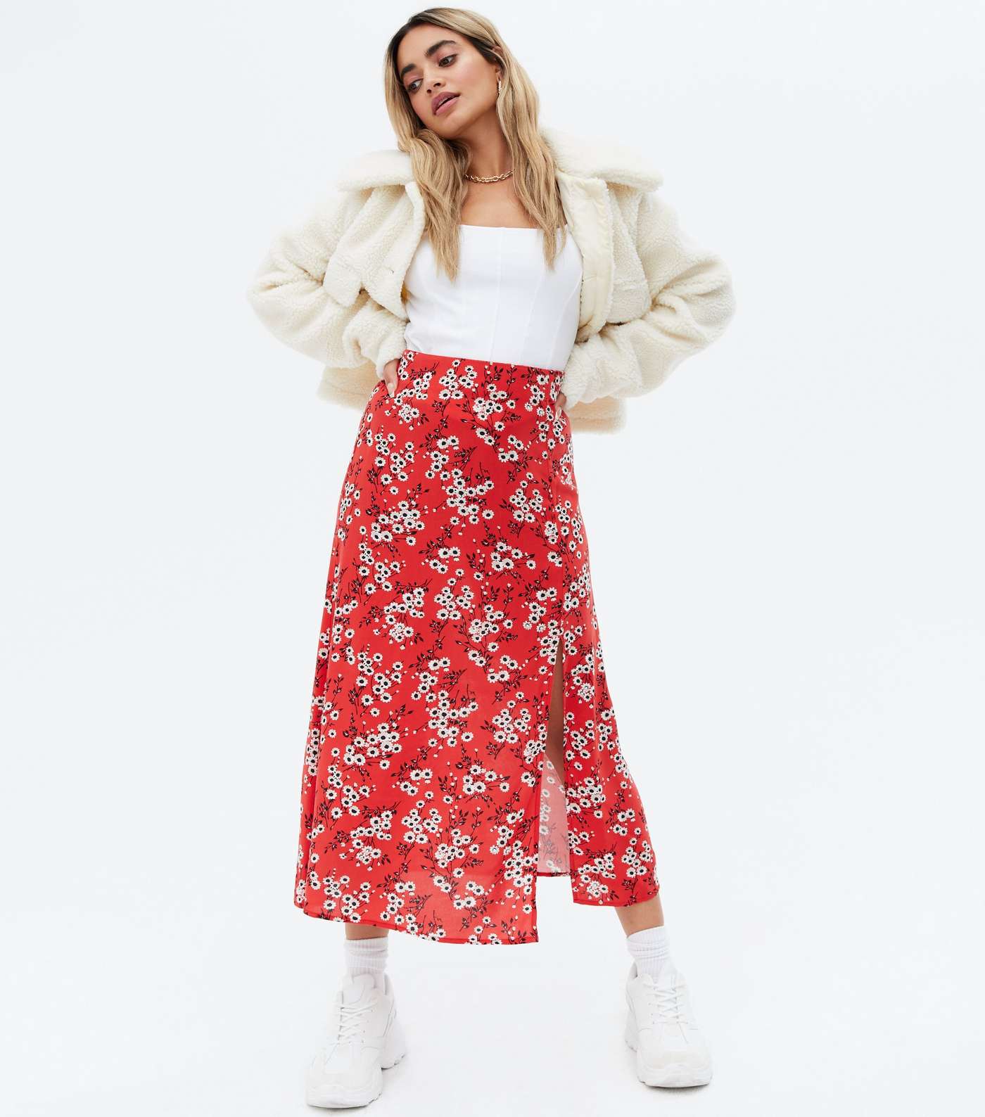 Petite Red Floral Split Front Midi Skirt