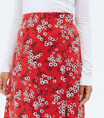 red floral midi pencil skirt