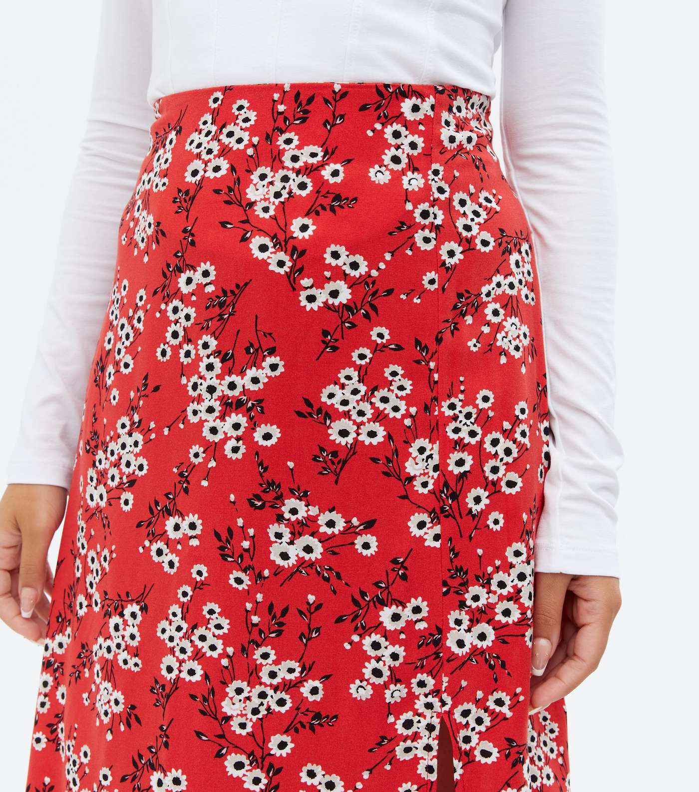 Petite Red Floral Split Front Midi Skirt Image 3