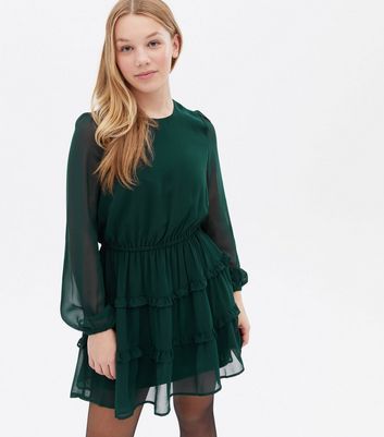 long sleeve green chiffon dress