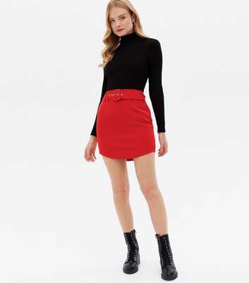 Red Belted Curved Hem Mini Skirt