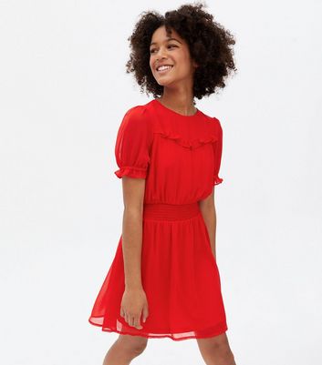 Girls Red Chiffon Yoke Frill Mini Dress