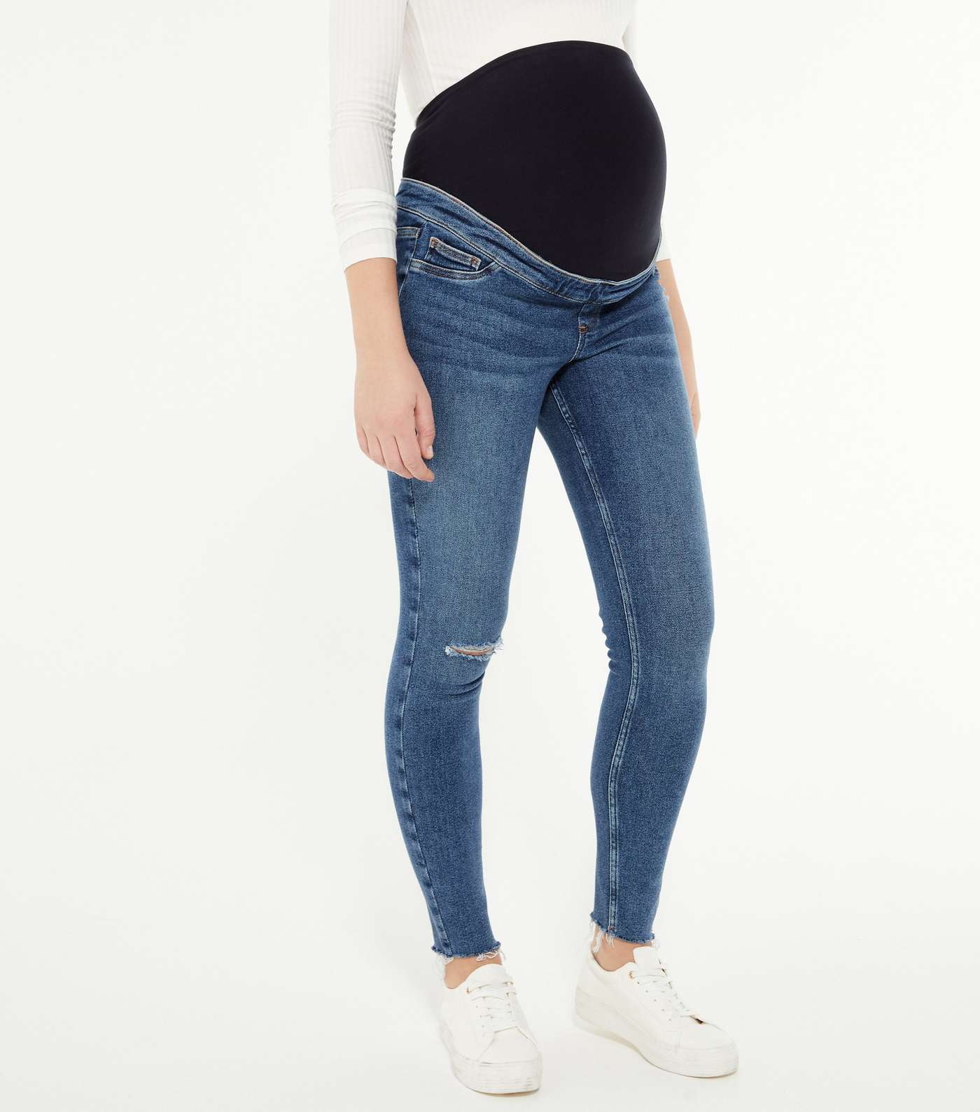 Curves Maternity Blue Ripped Over Bump Jenna Skinny Jeans Image 3