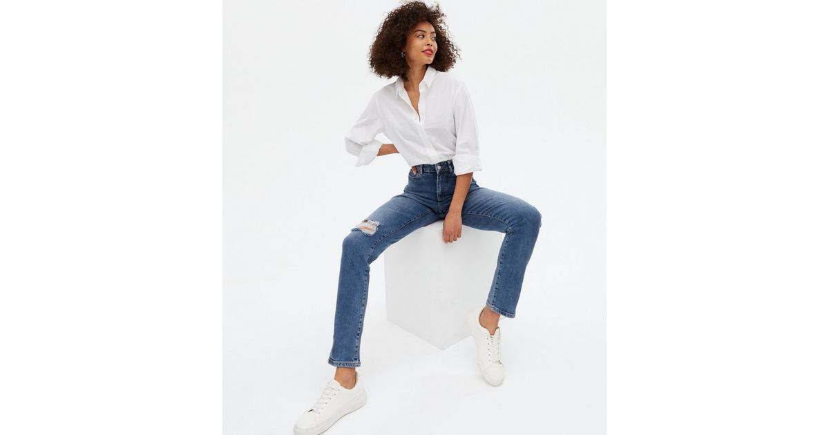 Tall Blue Mid Wash Ripped Lift & Shape Jenna Skinny Jeans | New Look