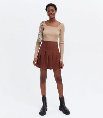 Damen Bekleidung Rust Brushed Pleated Curved Hem Mini Skirt