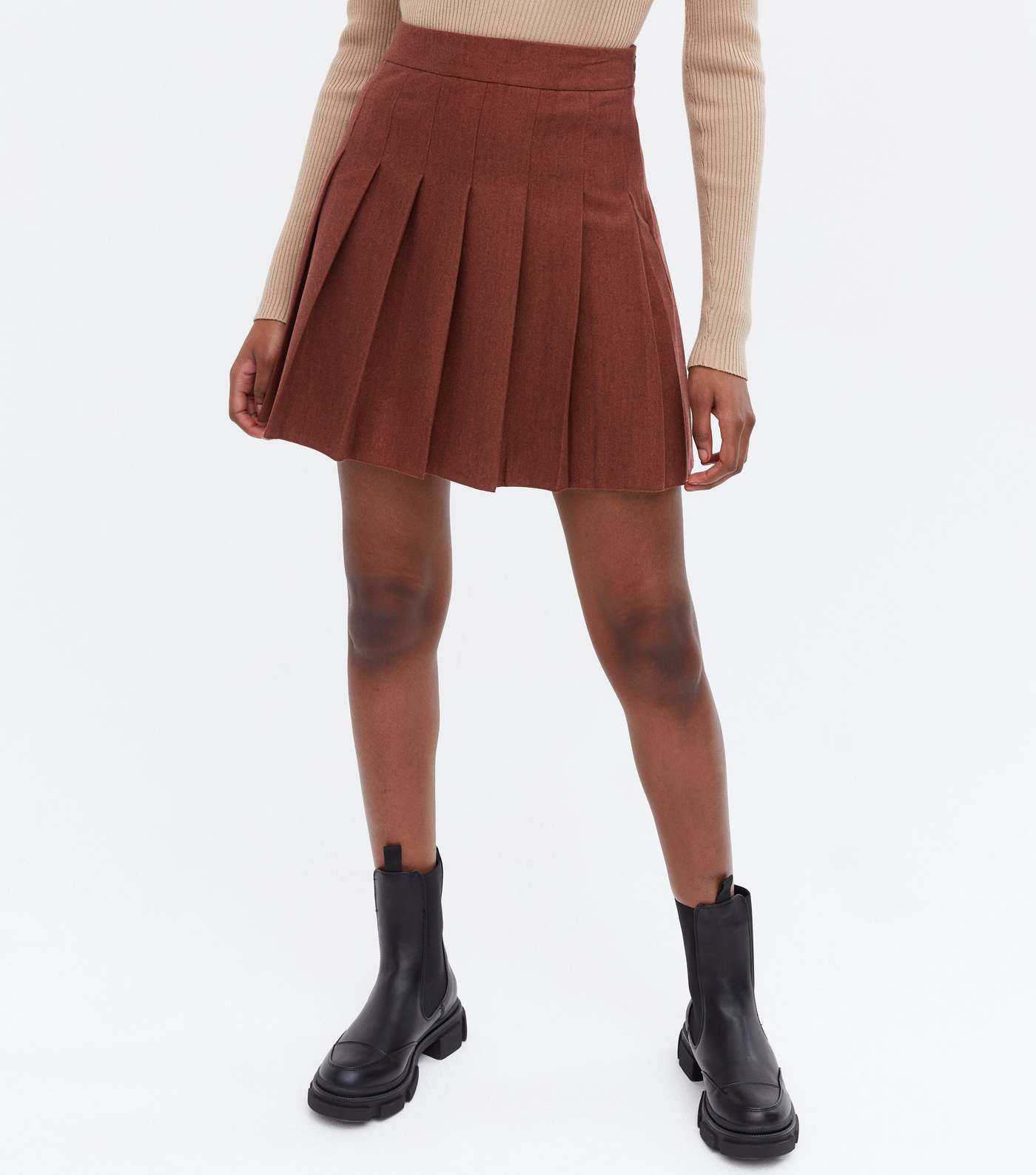Rust Brushed Pleated Curved Hem Mini Skirt Image 2