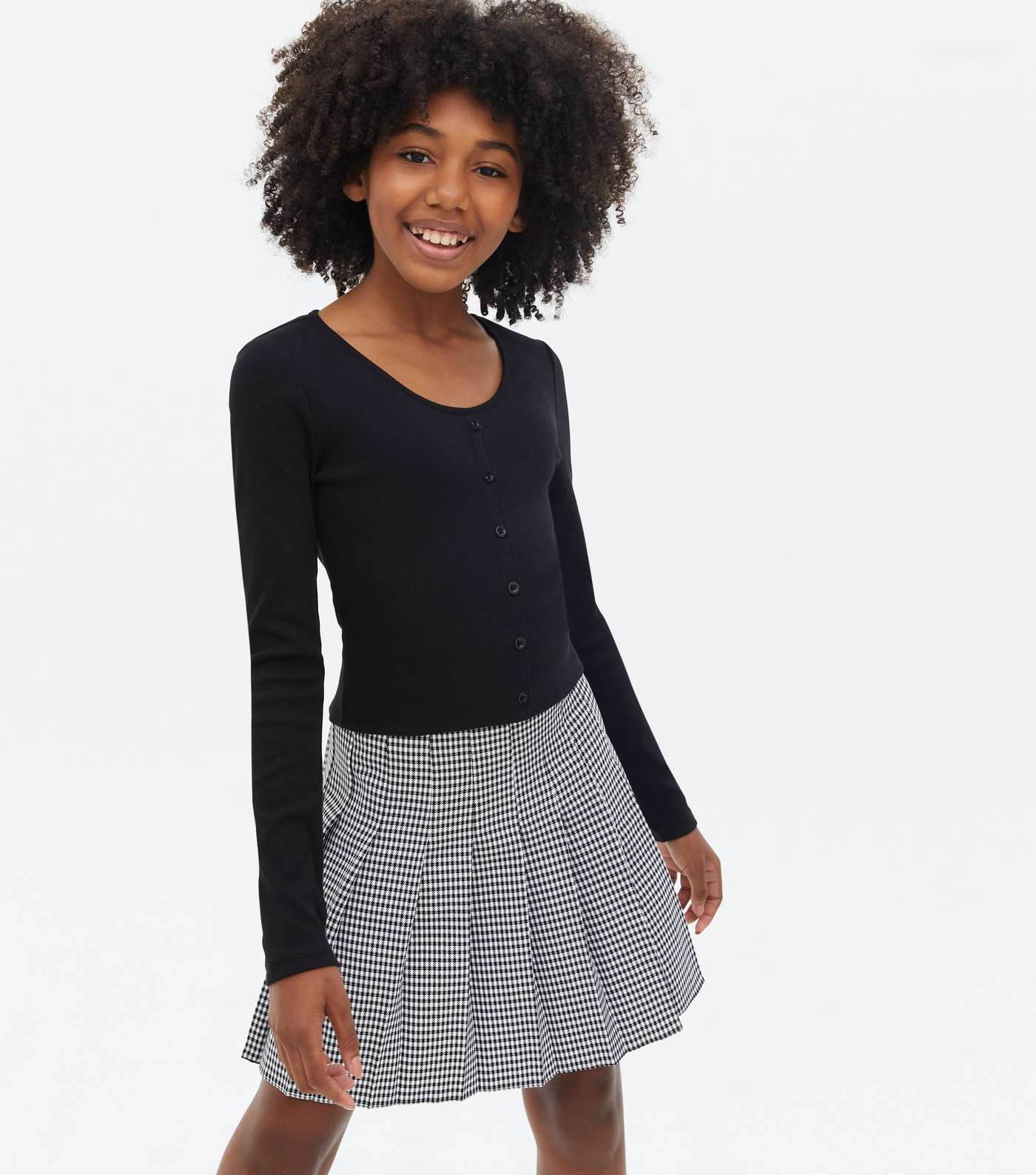 Girls Black Ribbed Button Front Long Sleeve Top