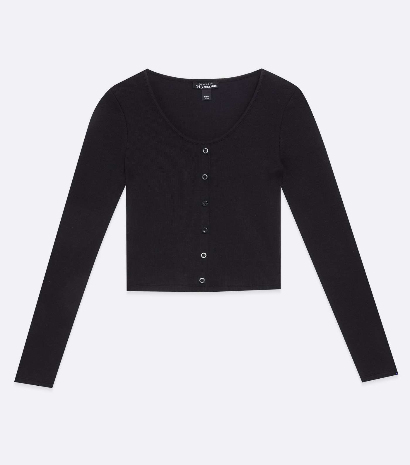 Girls Black Ribbed Button Front Long Sleeve Top Image 5