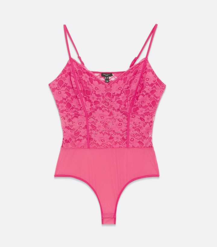 Curves Bright Pink Lace Strappy Bodysuit