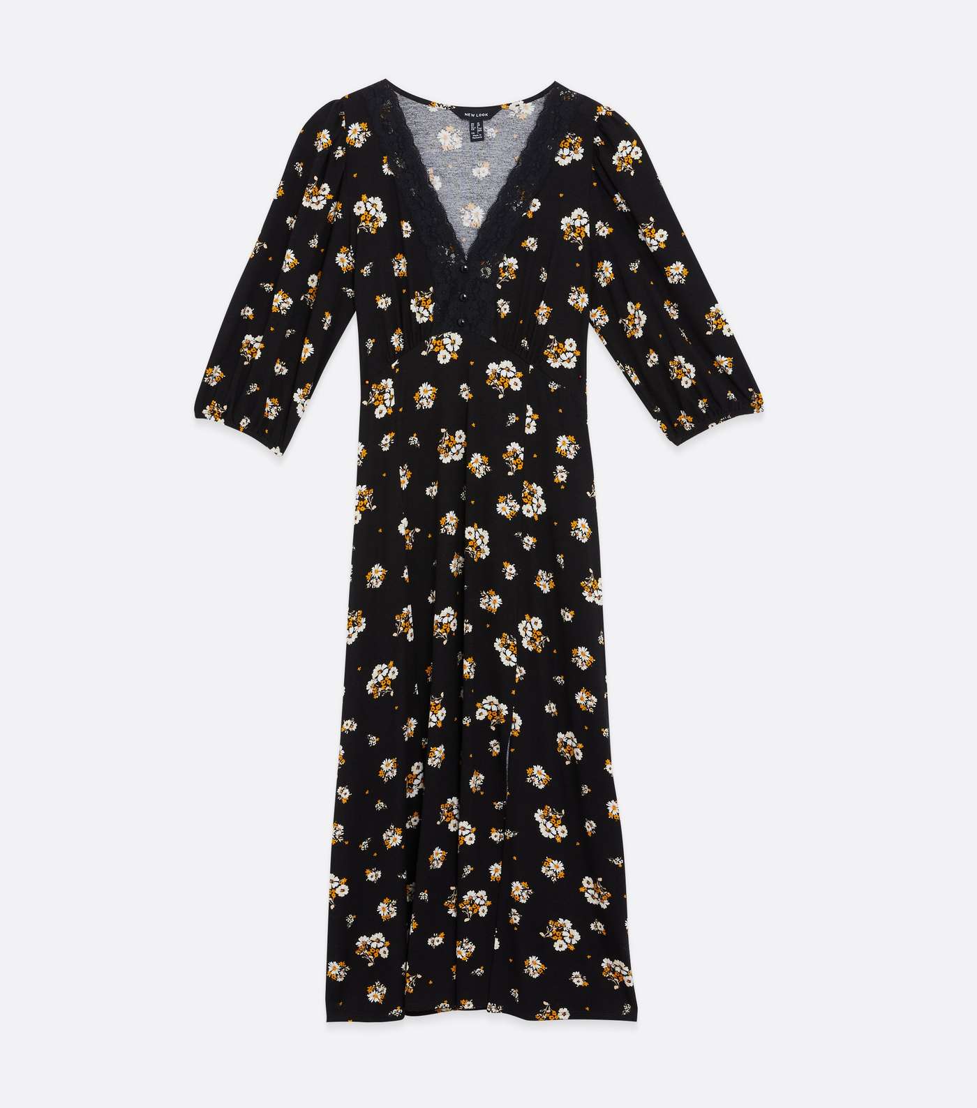 Black Floral Lace Trim Button Front Midi Dress Image 5