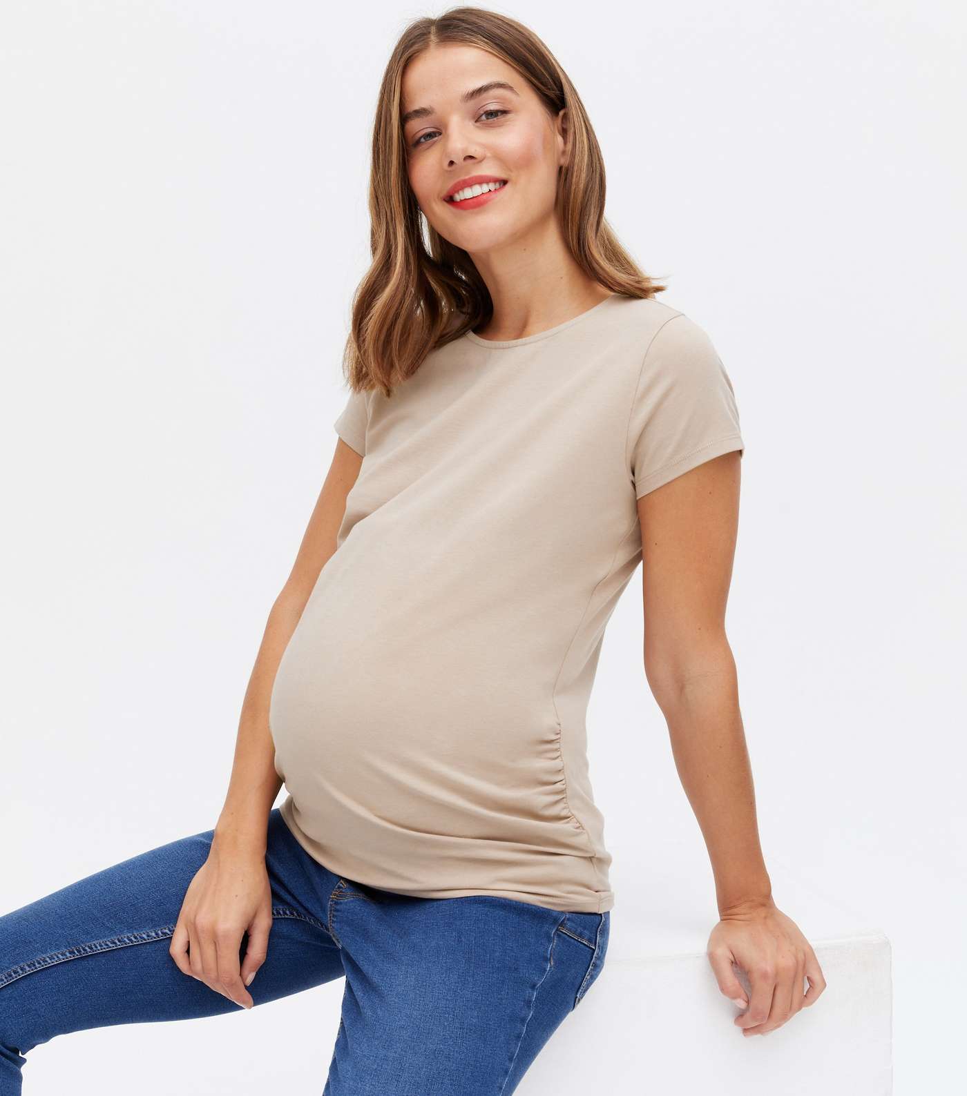Maternity Light Brown Ruched Side Crew T-Shirt