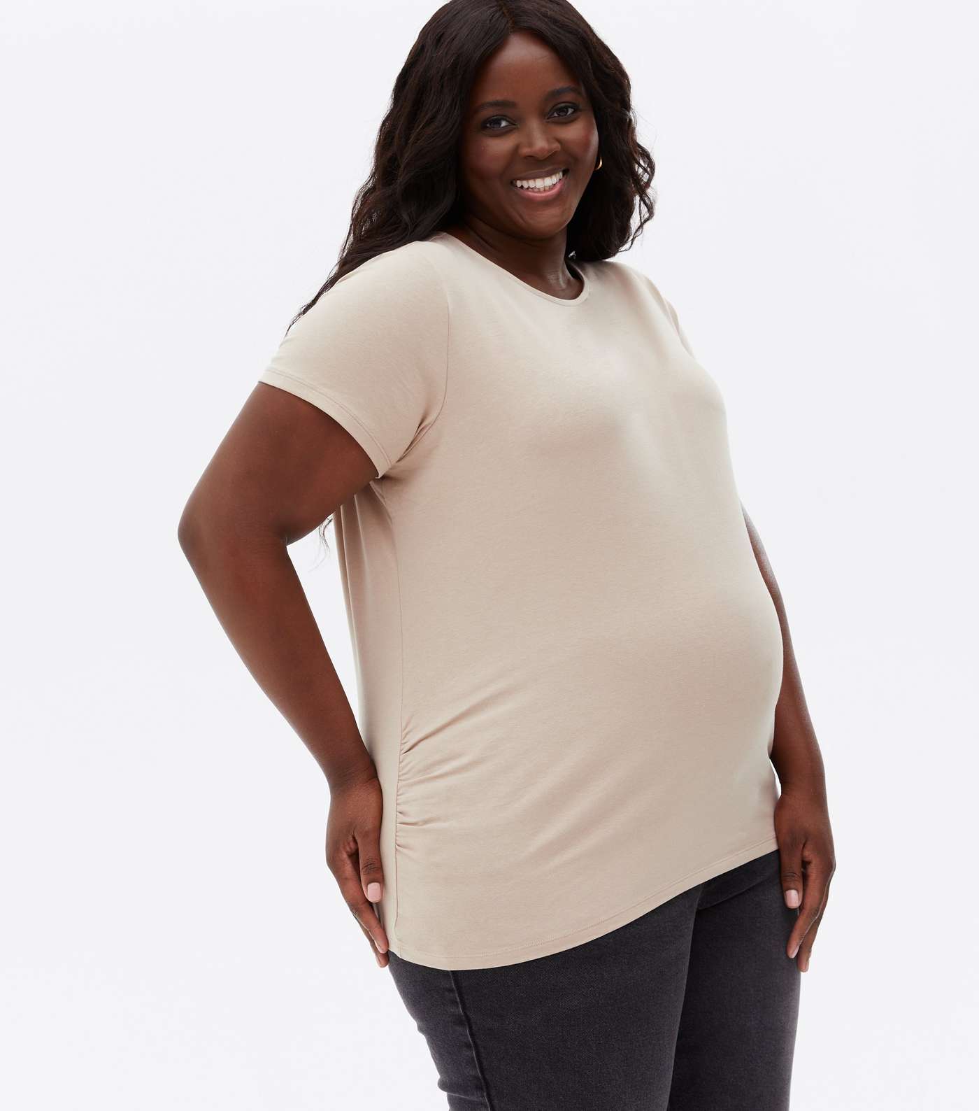 Maternity Light Brown Ruched Side Crew T-Shirt Image 3