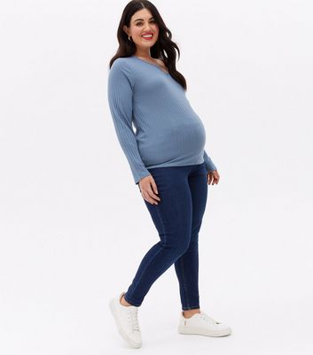 Maternity Pale Blue Ribbed Notch Neck Long Sleeve Top New Look