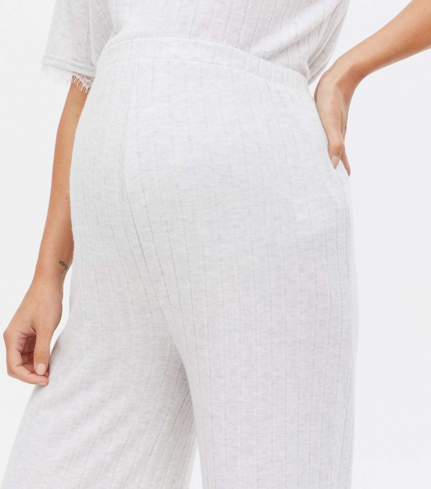 Maternity Pale Grey Ribbed Lace Hem Lounge Trousers Image 3