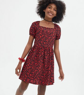 Girls Black Ditsy Floral Ribbed Ruched Mini Dress | New Look