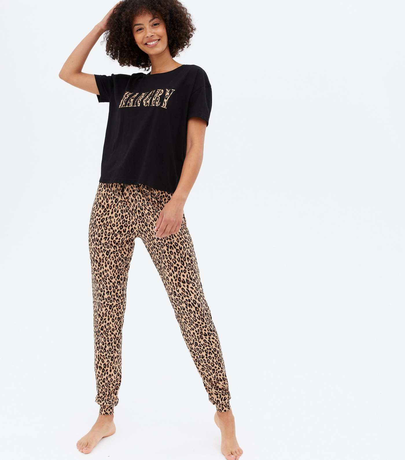 Tall Black Leopard Print Jogger Pyjama Set with Hangry Logo Image 2