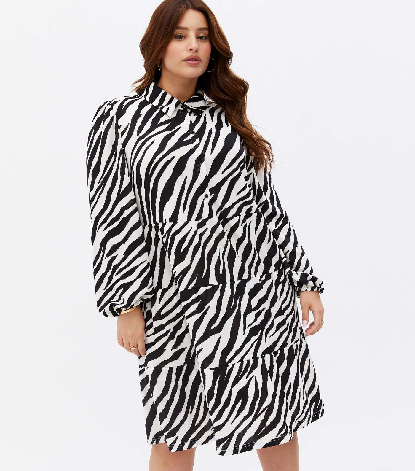 Curves Off White Zebra Print Mini Shirt Smock Dress