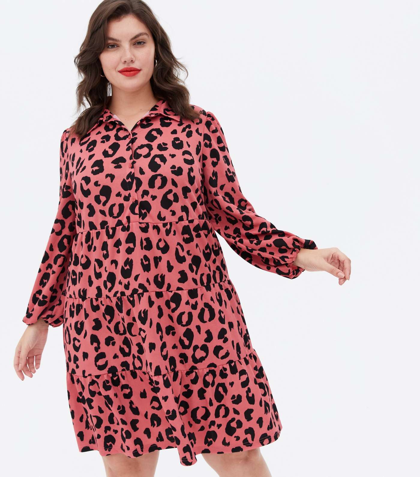 Curves Pink Leopard Print Mini Shirt Smock Dress