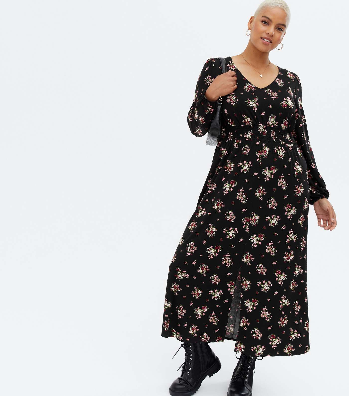 Curves Black Ditsy Floral Shirred Split Midi Dress Image 2