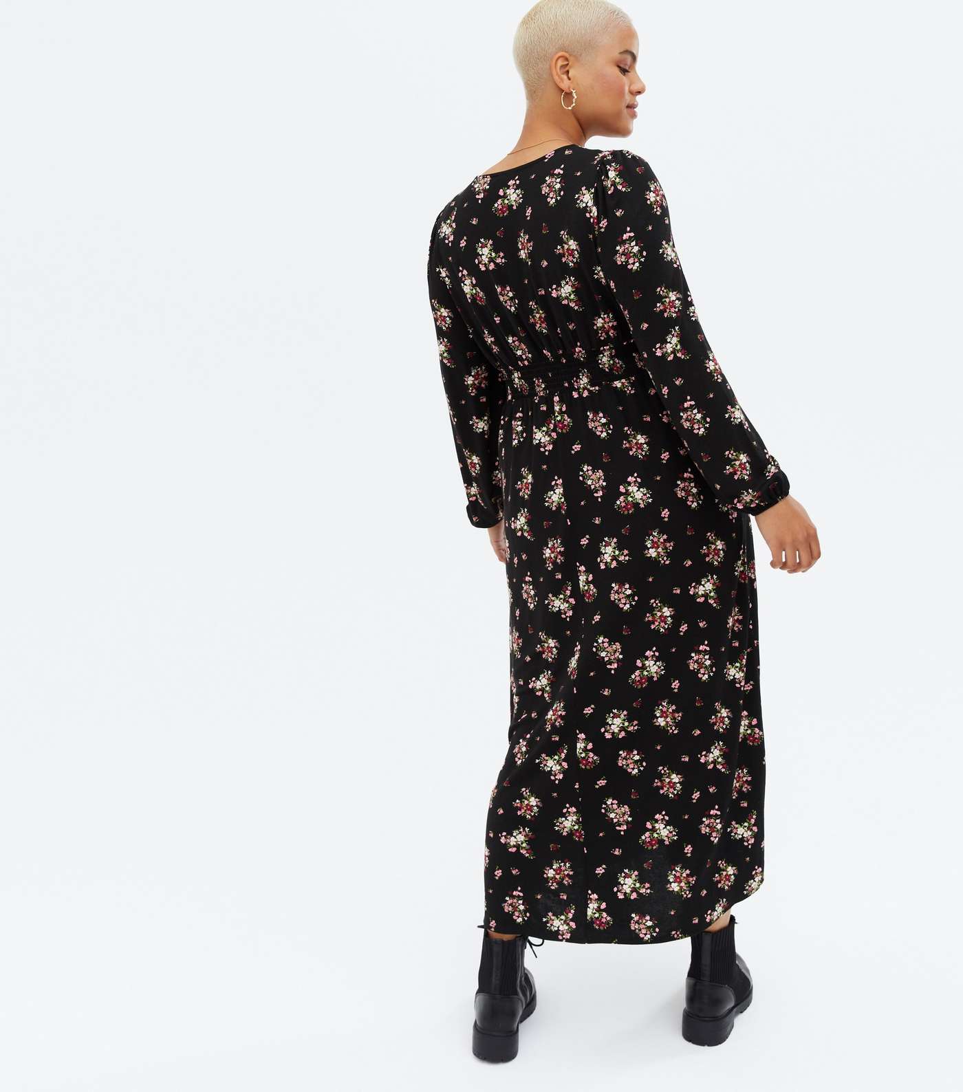 Curves Black Ditsy Floral Shirred Split Midi Dress Image 4
