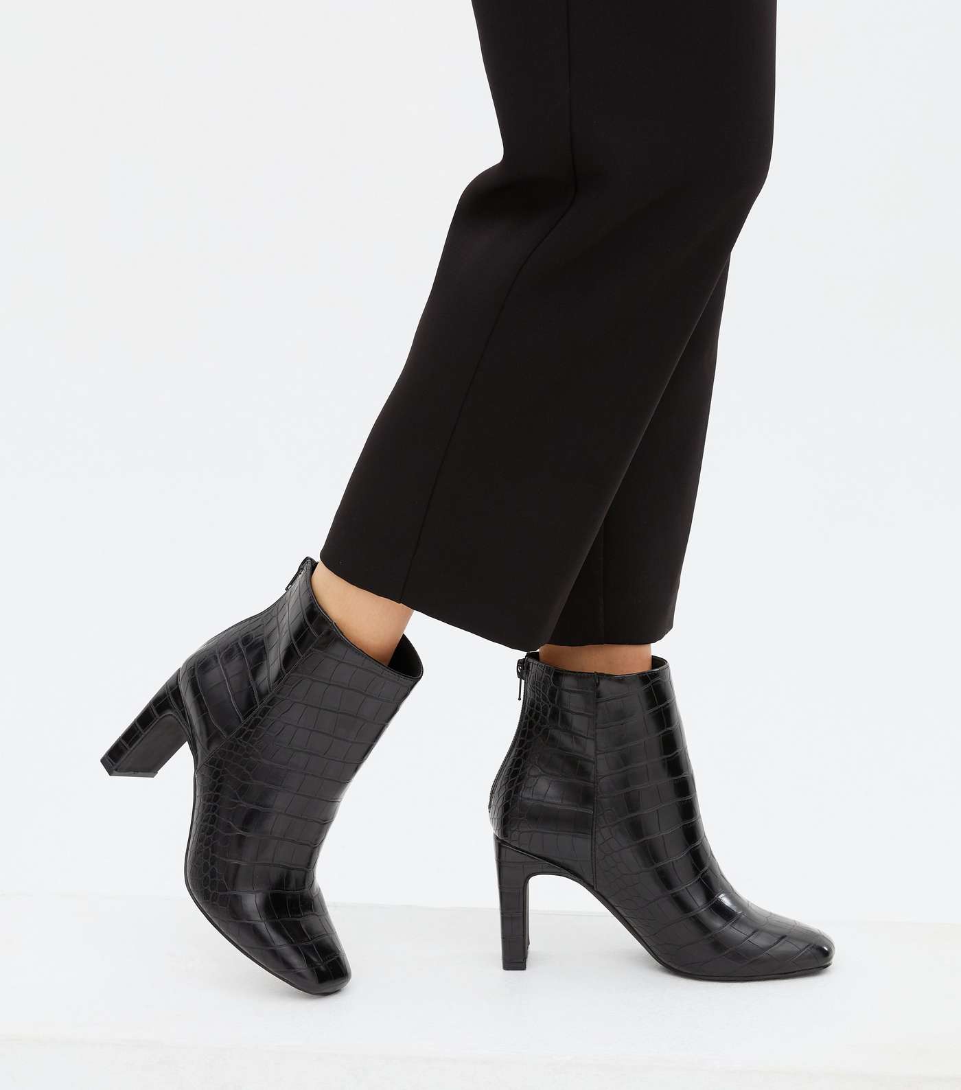 Black Faux Croc Square Toe Block Heel Ankle Boots Image 2
