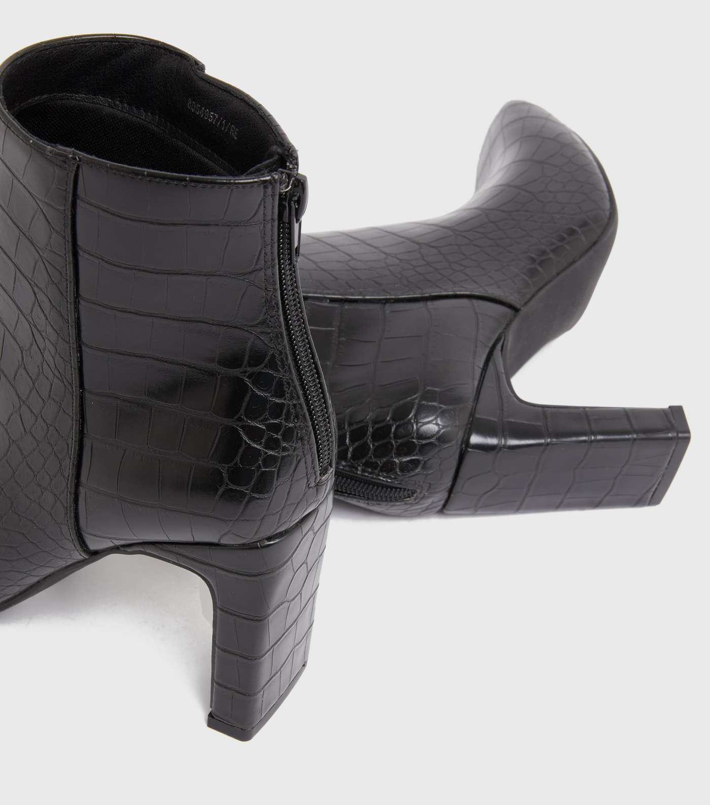 Black Faux Croc Square Toe Block Heel Ankle Boots Image 4