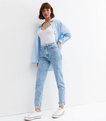Click to view product details and reviews for Urban Bliss Blue Marble Wash High Waist Mom Jeans New Look.