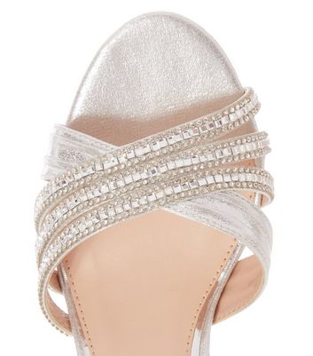 quiz silver diamante mid heel sandals