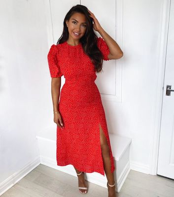 AX Paris Red Spot Split Hem Puff Sleeve Midi Dress | New Look
