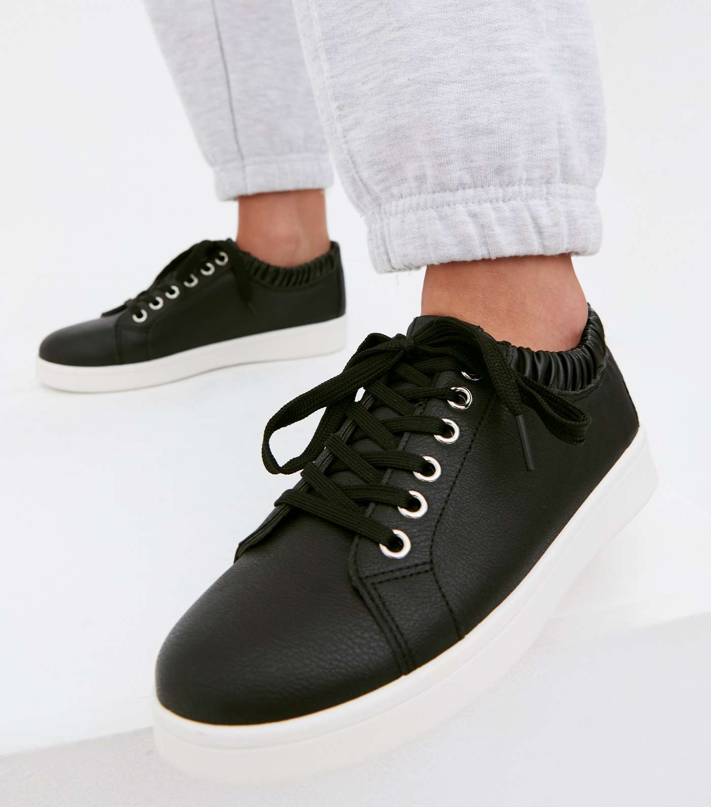 Black Ruched Lace Up Chunky Trainers Image 2