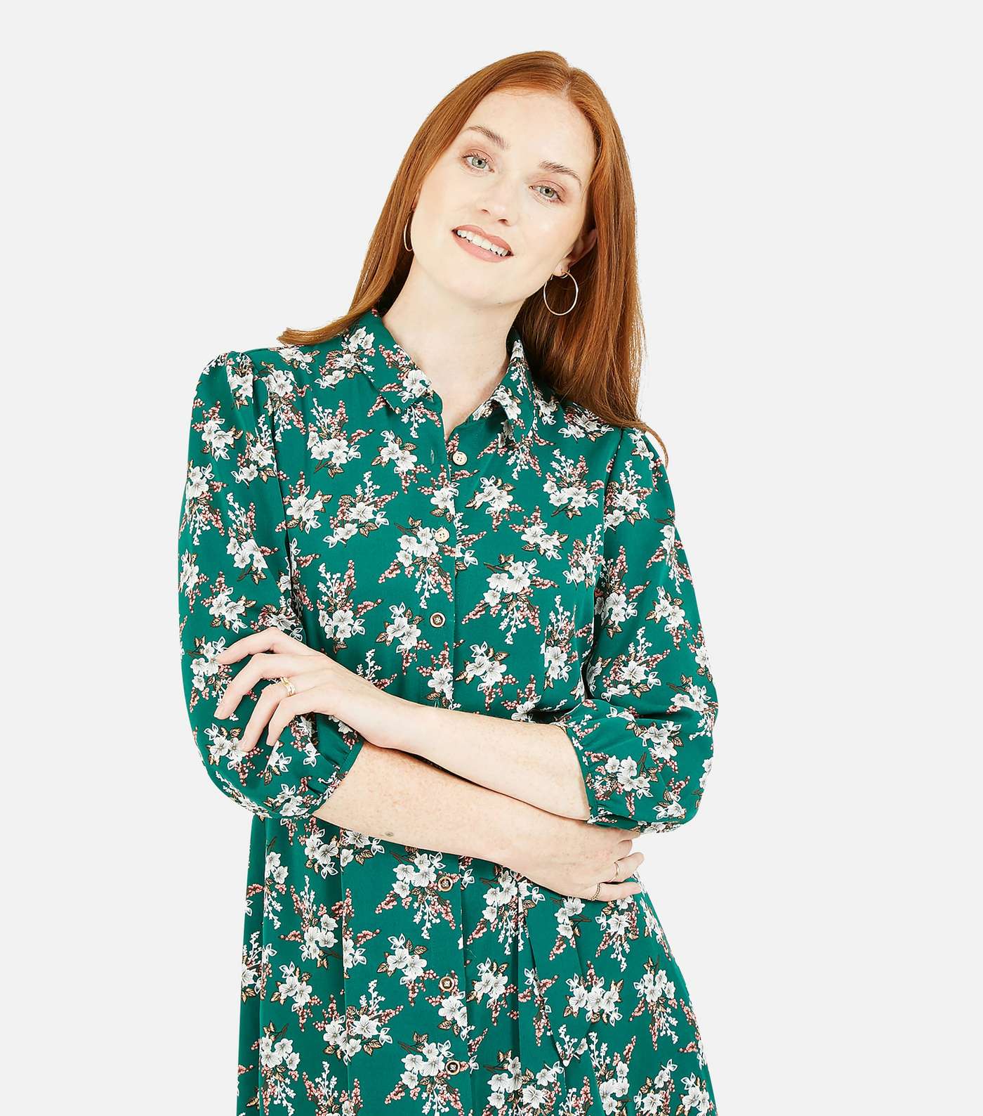 Mela Green Floral Belted Midi Shirt Dress Image 2
