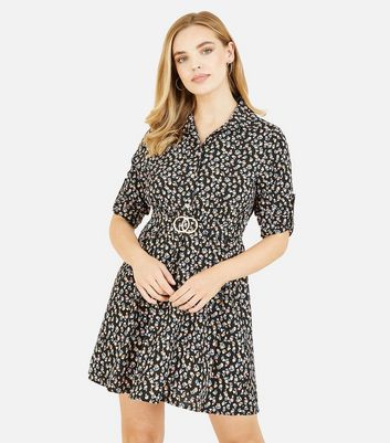 Mela Black Ditsy Floral Buckle Belted Mini Shirt Dress New Look