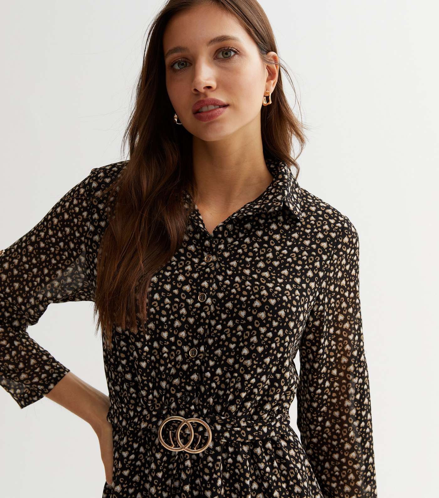 Mela Black Leopard Heart Print Belted Mini Shirt Dress Image 3